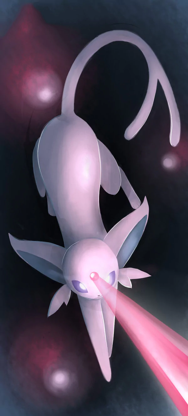 An artistic depiction of Espeon, the psychic Pokémon, surrounded by a dark atmosphere, emitting a powerful psychic beam from its eyes.