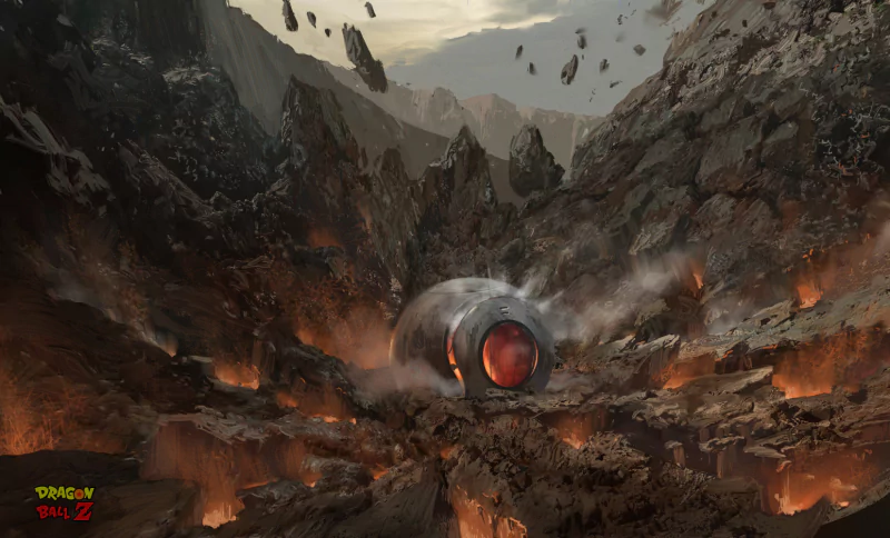 A dramatic scene from Dragon Ball Z, featuring a futuristic capsule amidst a volcanic landscape, surrounded by rocky debris and smoke against a moody sky.
