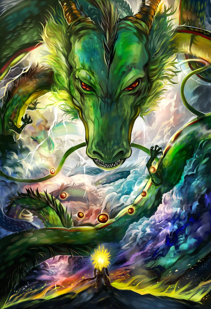 A vibrant anime scene from Dragon Ball Z features a powerful green dragon towering over a figure, set against a backdrop of swirling colors and energy.