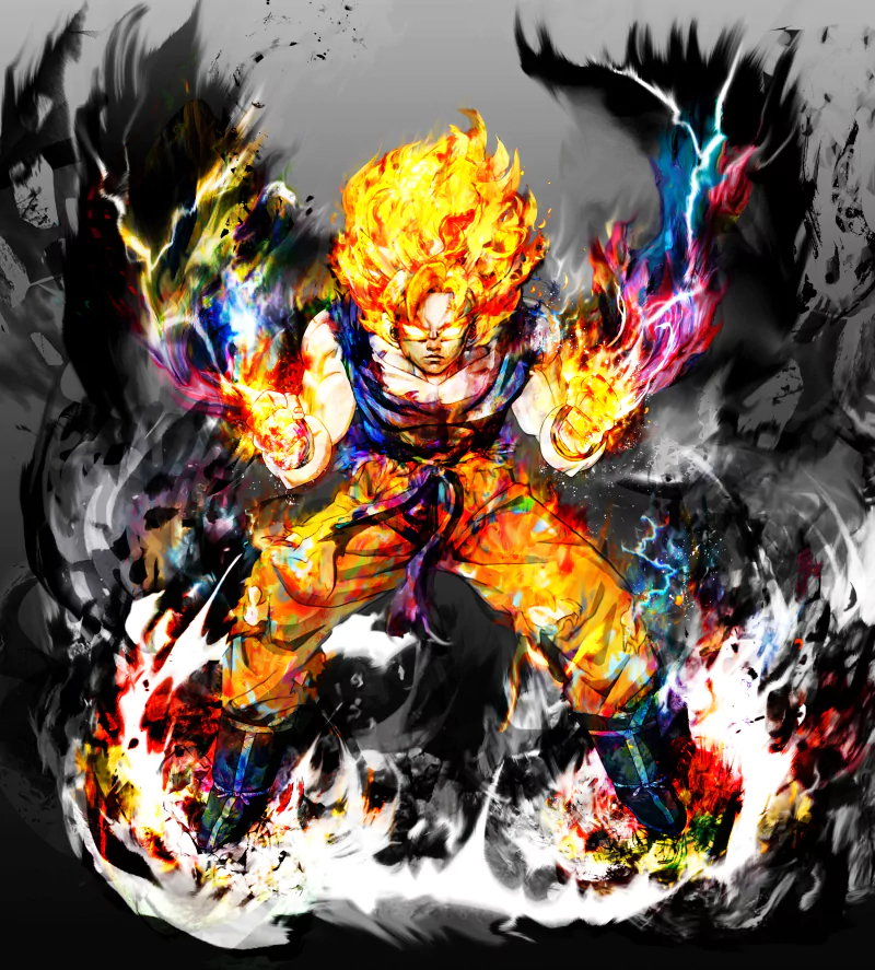 A vibrant depiction of Goku from Dragon Ball Z, surrounded by swirling fiery and electric energy, showcasing his powerful transformation and intense battle spirit.