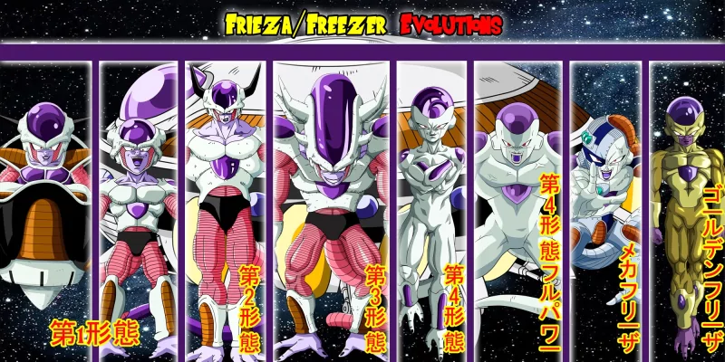 An anime illustration from Dragon Ball Z featuring Frieza's various forms, showcasing his evolution with vibrant colors against a cosmic background.