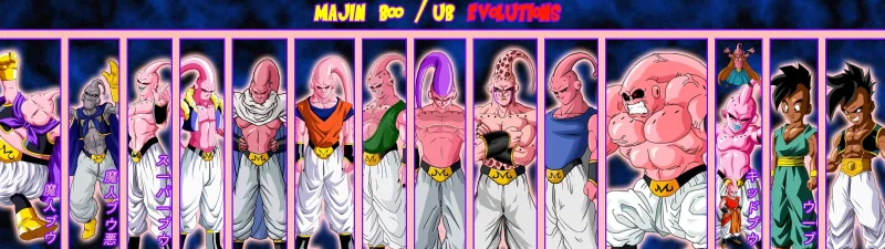 A vibrant image showcasing the various forms of Majin Buu from *Dragon Ball Z*, displaying his evolution through different stages and characters from the series.