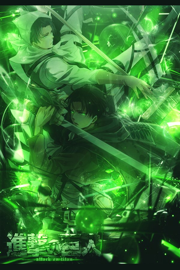 A dynamic illustration from Attack on Titan, featuring two characters amidst swirling green energy, capturing intense action within a vivid, anime style.