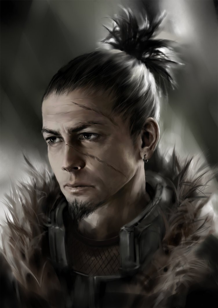 A detailed anime portrait of a character from Naruto, featuring a serious expression, facial scars, and a hairstyle tied back with a few loose strands, set against a moody background.