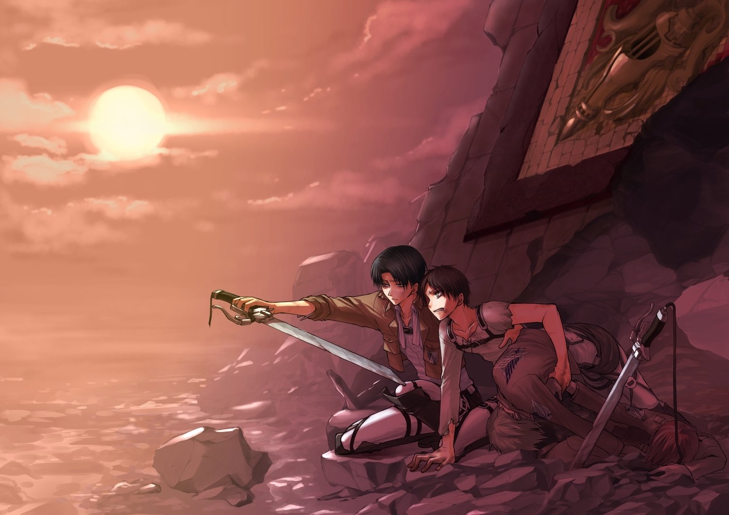 Two characters from the anime Attack on Titan are crouched on rocky terrain, gazing toward the horizon at sunset, with swords resting beside them.