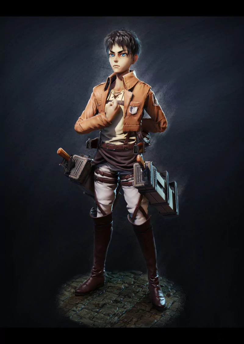 A detailed anime illustration inspired by Attack on Titan, featuring a character with a determined expression and gear, reminiscent of Nicky Whelan's aesthetic.