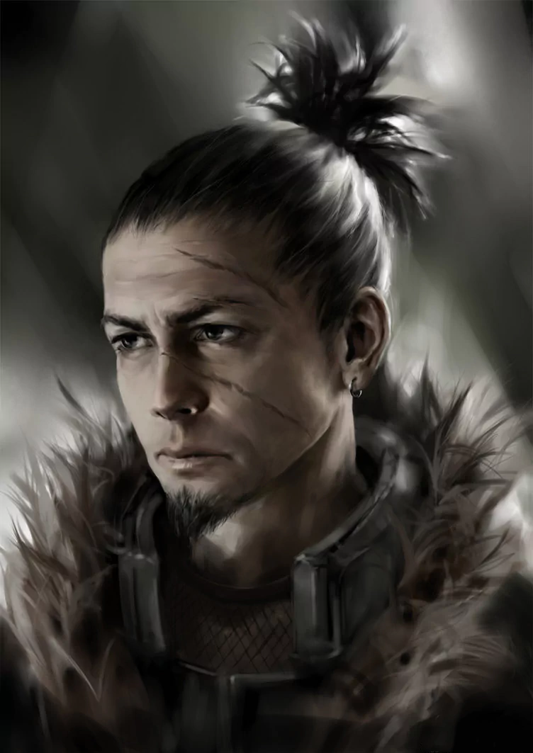 A detailed anime portrait of a character from Naruto, featuring a serious expression, facial scars, and a hairstyle tied back with a few loose strands, set against a moody background.
