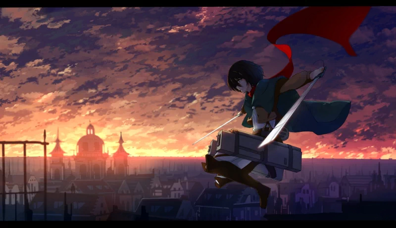Mikasa Ackerman from the anime Attack on Titan stands poised on a rooftop, wielding her swords against a vibrant sunset backdrop, ready for action.