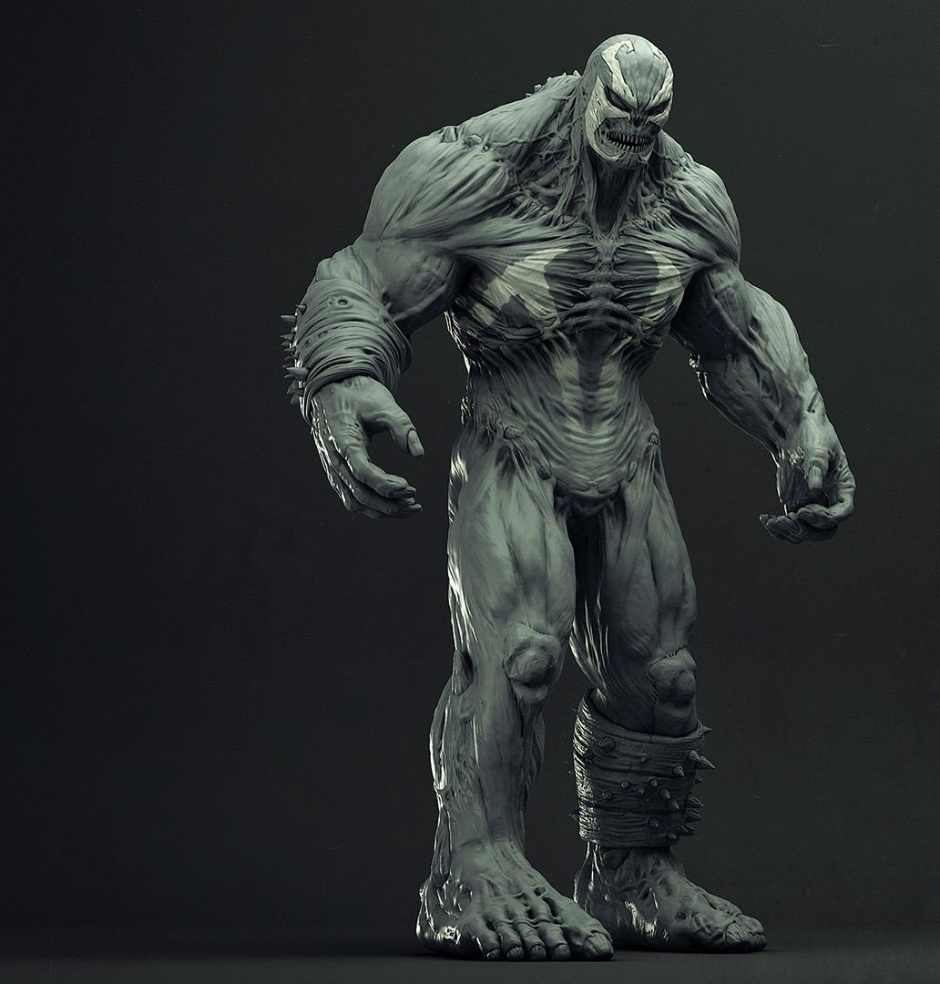 Abstract, creative depiction of a towering, muscular gray monster with textured, sinewy skin, oversized hands, wrapped lower leg and a skull-like, menacing face.