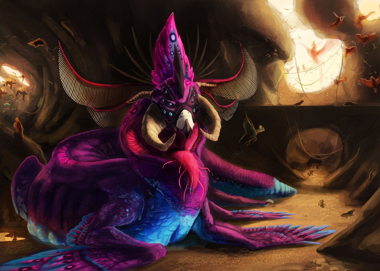 An abstract, creative depiction of Utsuho Reiuji, blending vibrant purples and blues in a surreal underground setting illuminated by a glowing orb.