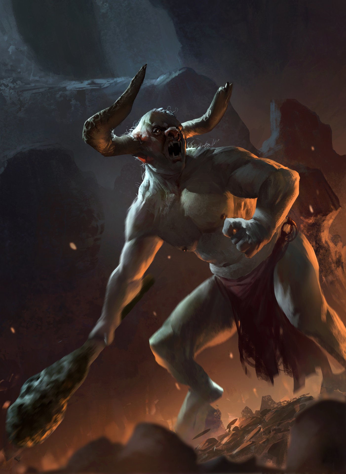 A fierce, muscular horned creature with glowing eyes wields a club in a dark, fiery cave, blending abstract elements inspired by Tengen Toppa Gurren Lagann and Nargacuga from Monster Hunter.