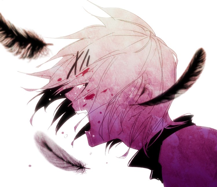 A stylized anime character with striking white hair and a distressed expression, surrounded by dark feathers, embodying themes from Tokyo Ghoul against a subtle world map backdrop.