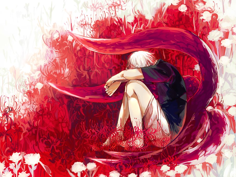 A character from Tokyo Ghoul sits in a field of red flowers, cloaked in a deep red aura, conveying a sense of solitude and emotional turmoil. The vibrant colors enhance the dramatic atmosphere.