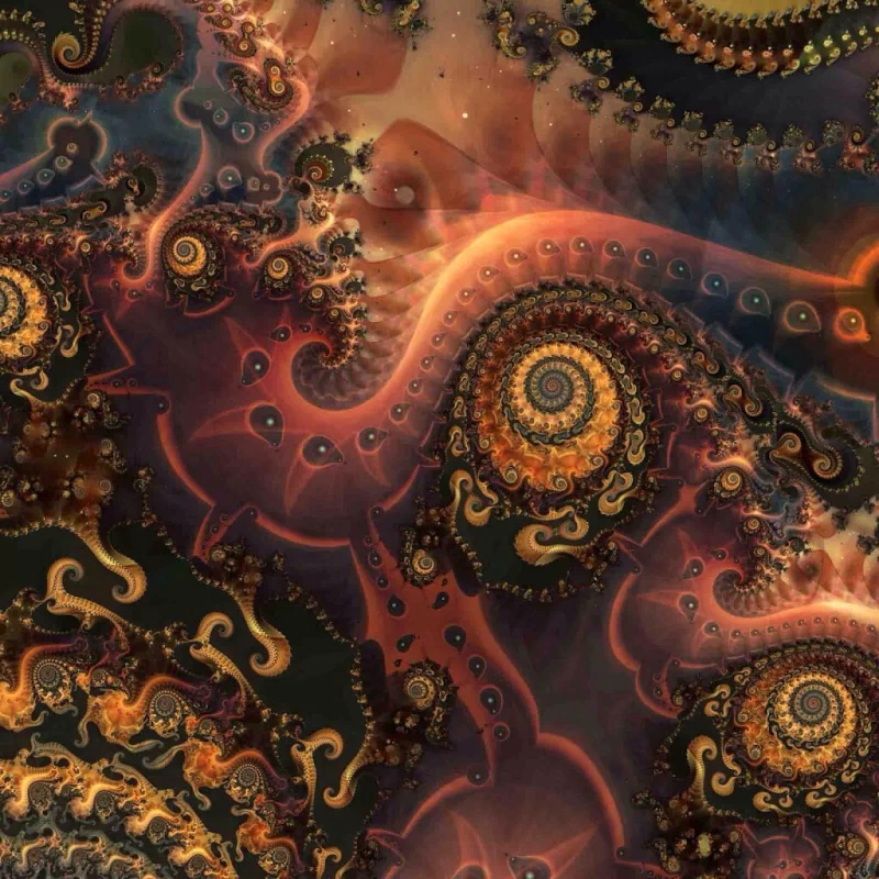 Abstract fractal art featuring intricate, swirling patterns in warm tones of orange, brown, and gold, creating a complex, mesmerizing visual texture.