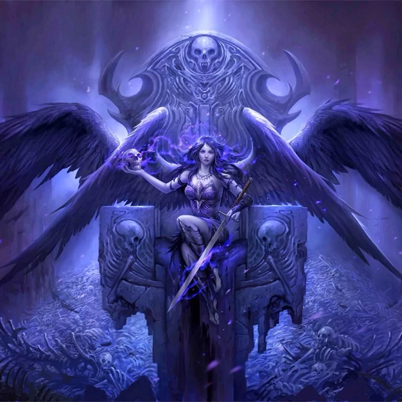 A dark fantasy angel warrior with large black wings and glowing purple energy sits on a throne adorned with skulls, surrounded by bones in a shadowy, eerie setting.
