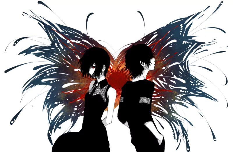 Two silhouetted characters from Tokyo Ghoul stand back to back, each with intricate, colorful butterfly wings that blend dark and vivid hues, conveying a sense of mystery and depth.