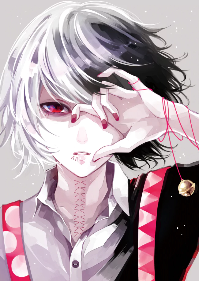 A character from Tokyo Ghoul, featuring striking white and black hair, red eyes, and a unique outfit, poses thoughtfully while partially obscuring their face with a hand.