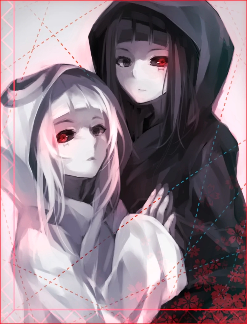 Two characters from the anime Tokyo Ghoul stand close together, with striking red eyes and contrasting dark and light outfits, set against a subtle geometric background.
