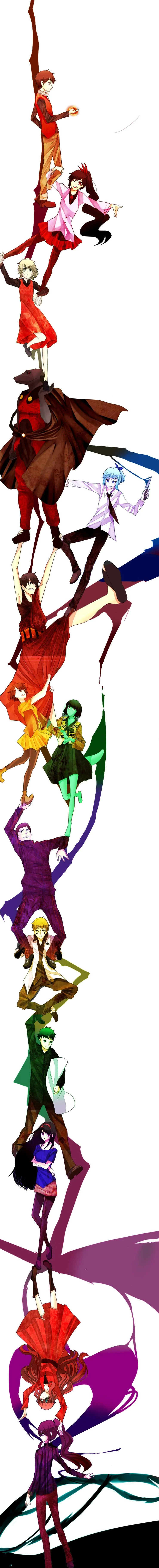 Vertical anime-style Tower of God illustration of many characters stacked and reaching downward, each in colorful outfits against a clean white background.