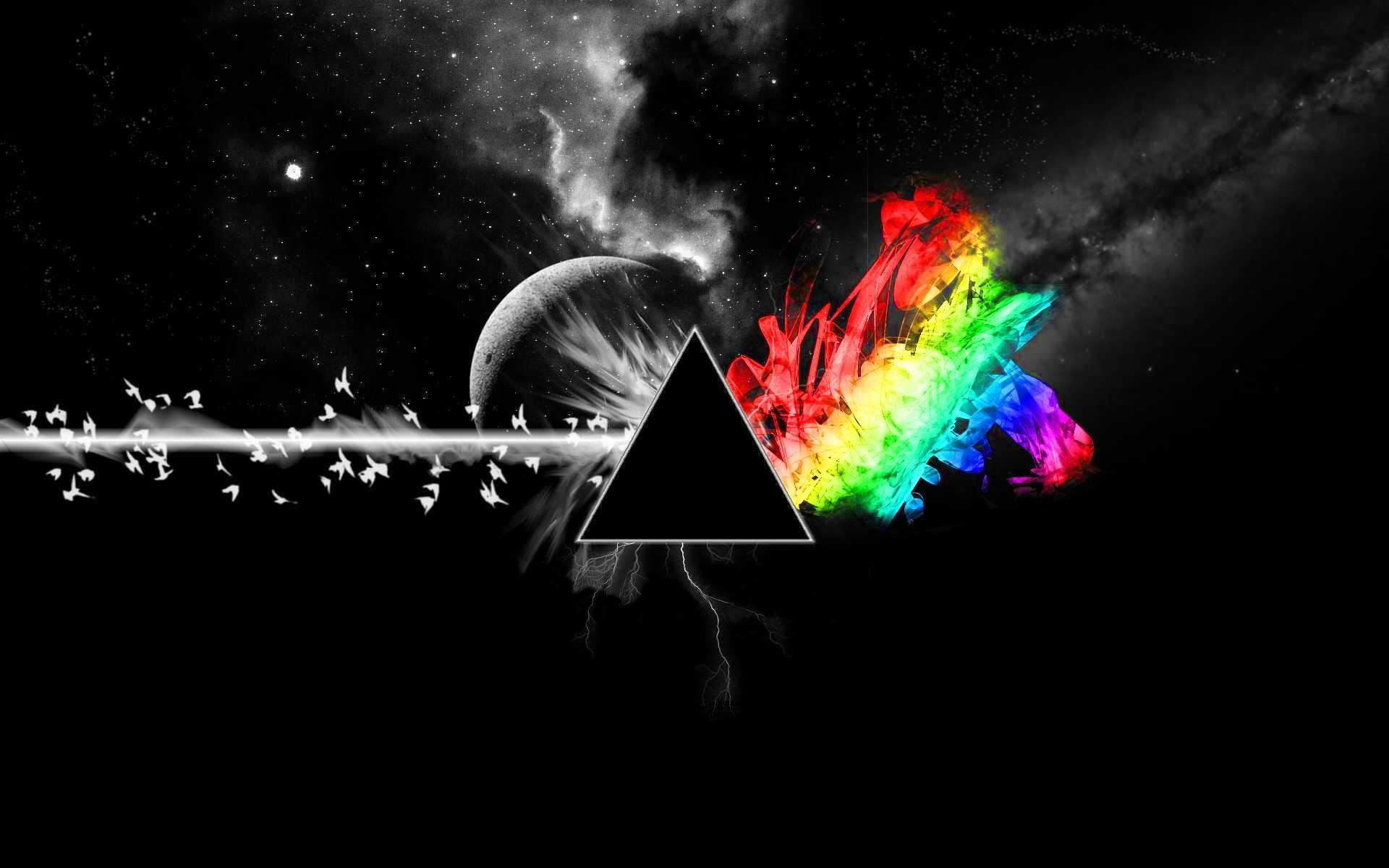 A black triangle prism disperses a white light beam into a vibrant rainbow against a cosmic background, inspired by Pink Floyd's iconic music artwork.