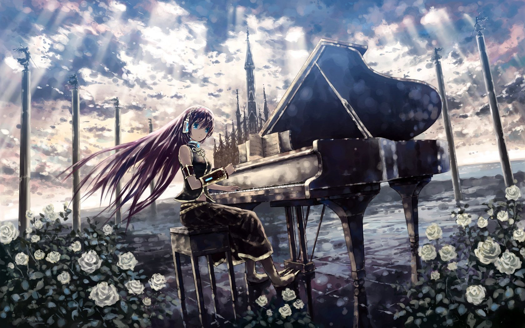 Luka Megurine from Vocaloid is depicted playing a grand piano in a dramatic anime-style scene surrounded by white roses under a cloudy sky.