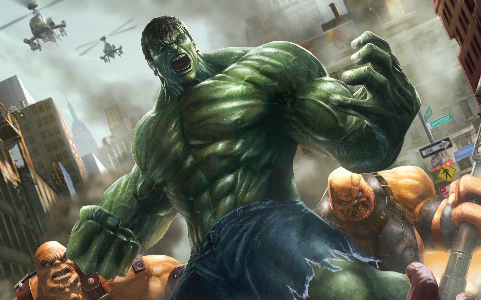 A dynamic comic-style image of the Hulk, towering amidst a chaotic cityscape, surrounded by enemies and helicopters, showcasing his immense power and strength.