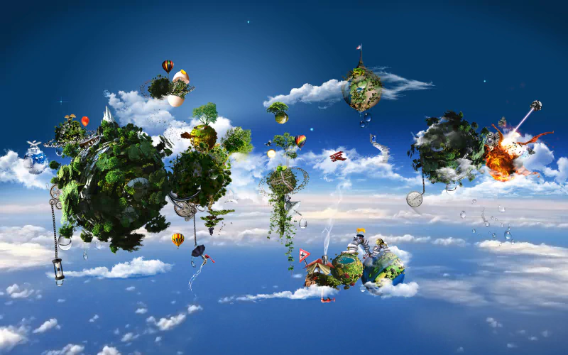 Artistic nature scene of lush floating islands with trees, vines, ladders and miniature houses drifting above a sea of clouds beneath a vivid blue sky.
