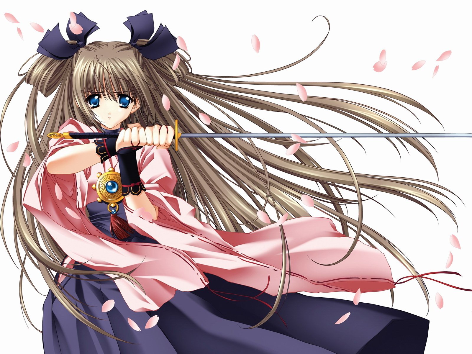 Anime-style illustration of a female character from Bleach wielding a sword, with flowing long hair and pink petals drifting around her.