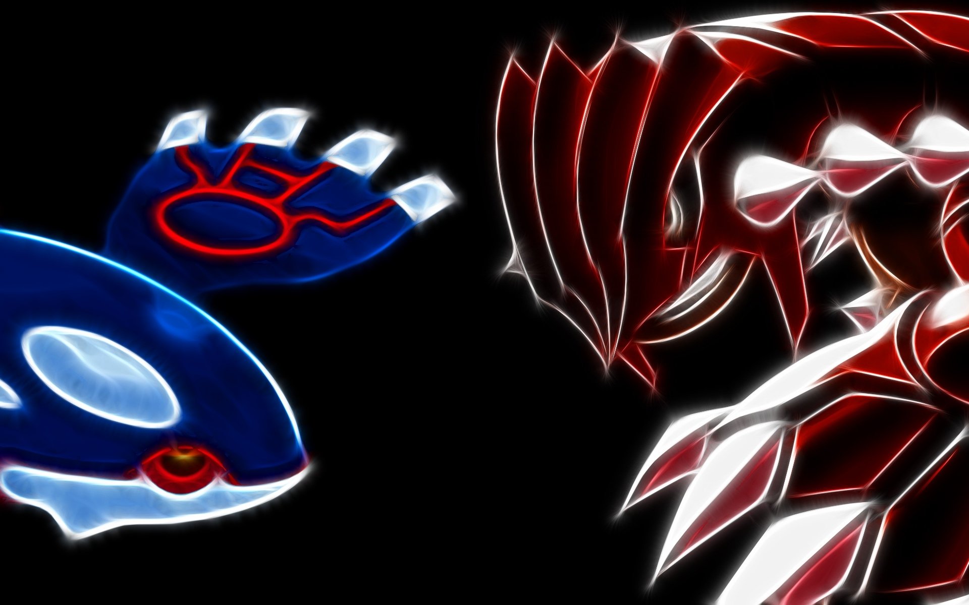 An artistic representation of iconic Pokémon characters, Kyogre and Rayquaza, displayed against a dark background, showcasing their vibrant colors and dynamic designs in an anime style.