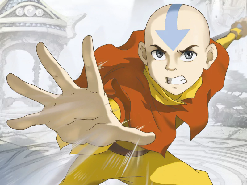 Aang from the anime Avatar: The Last Airbender unleashes his airbending powers with intense focus in a dynamic action pose.
