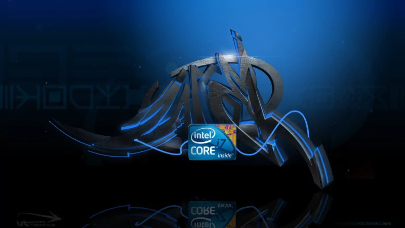 Abstract blue technology graphic with a stylized metallic sculpture and an Intel Core badge centered against a dark, reflective background.