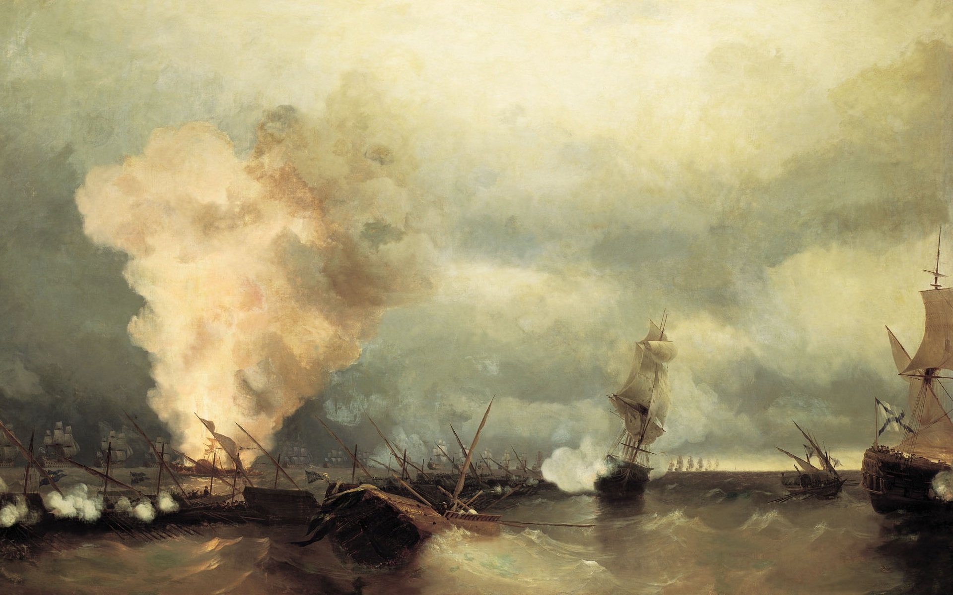 A historic scene depicting a military ship battle with smoke and cannon fire over a turbulent sea under a cloudy sky.
