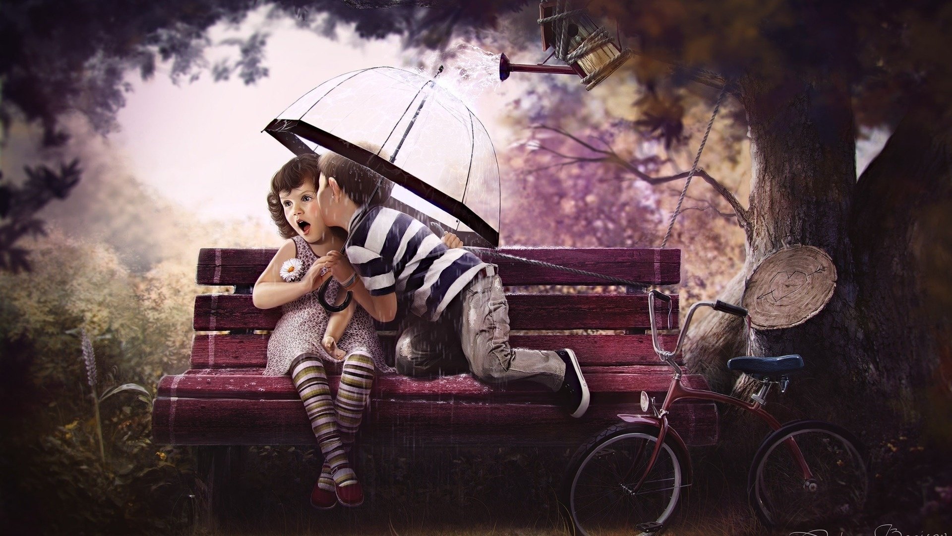 A whimsical scene of two children sharing a kiss on a park bench, surrounded by a dreamy landscape, capturing artistic expressions of love and innocence.