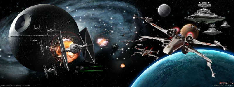 Panoramic Star Wars movie scene: X-wing and TIE fighters dogfight around the Death Star while capital ships exchange laser fire above a blue planet.