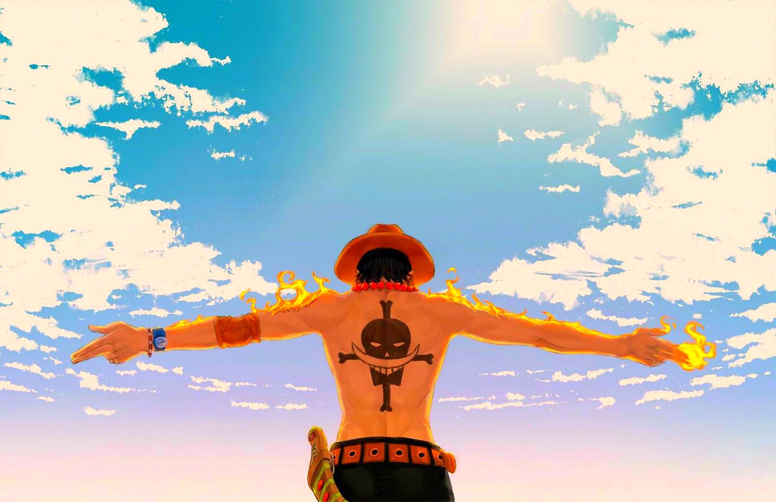 A character from the anime One Piece stands with arms outstretched, showcasing a striking tattoo on his back against a vibrant sky filled with clouds.