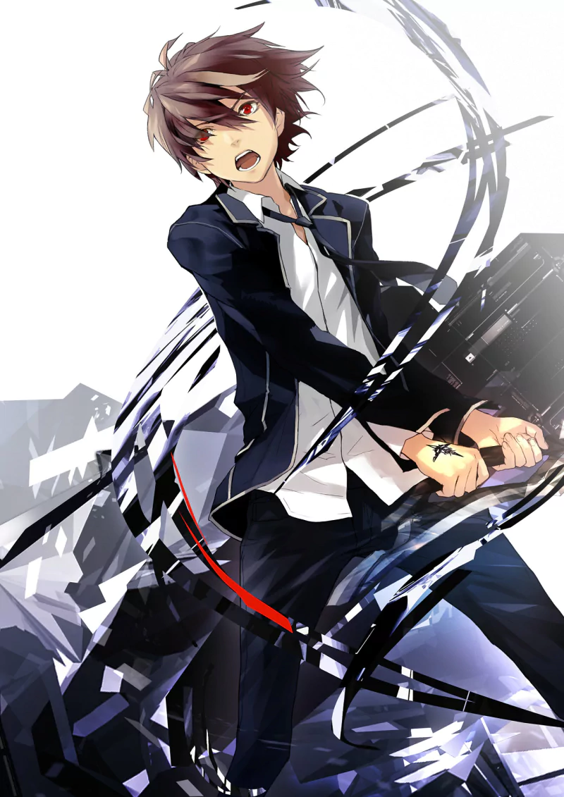 A dynamic portrayal of Shu Ouma from the anime Guilty Crown, showcasing his intense expression and dramatic pose amidst swirling black and red elements.