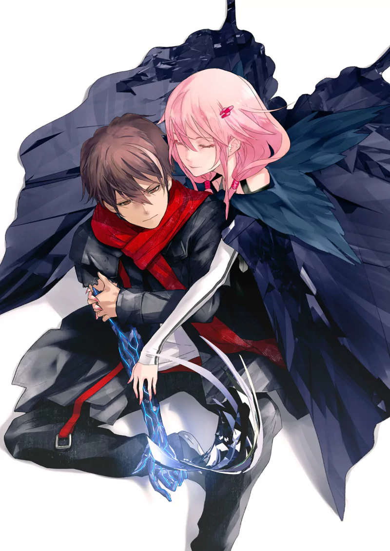 Shu Ouma and Inori Yuzuriha from the anime Guilty Crown, depicted in a dramatic embrace with swirling dark wings and a glowing blue element connecting them.