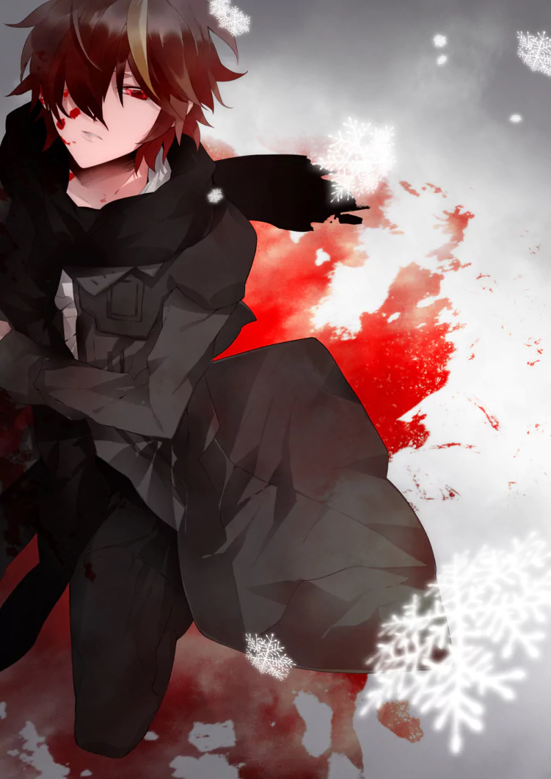 Shu Ouma from the anime Guilty Crown kneels with a serious expression, dark attire, and a red and white snowy background.