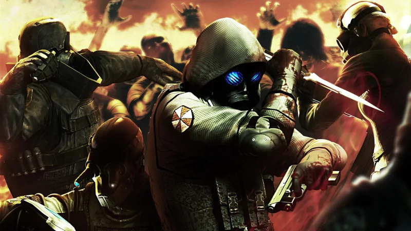 Characters in tactical gear engage in combat amid chaos in a scene from the video game Resident Evil: Operation Raccoon City.