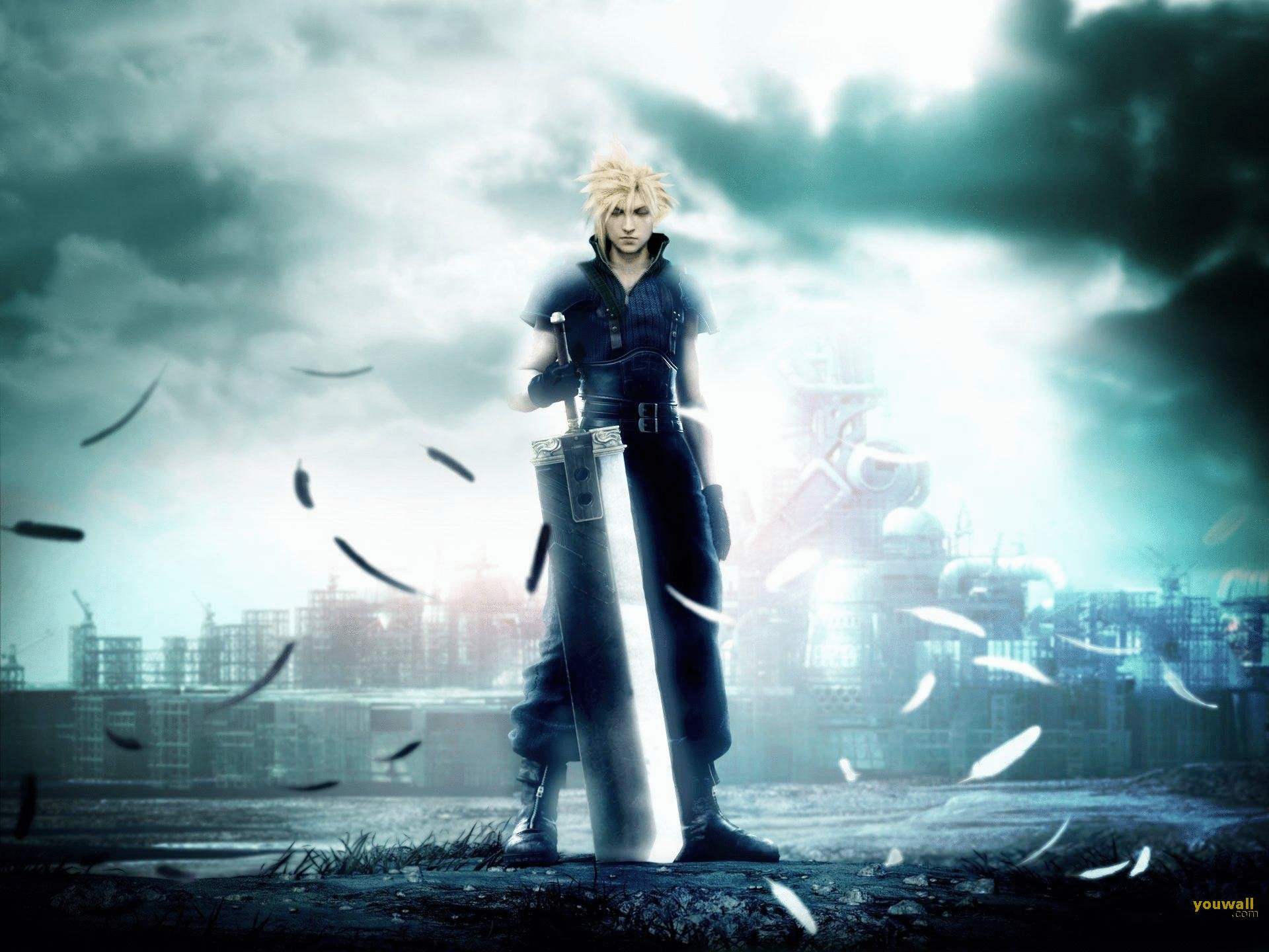 Cloud Strife from Final Fantasy stands on a rooftop holding his massive Buster Sword as wind and glowing particles swirl over a moody, stormy cityscape.