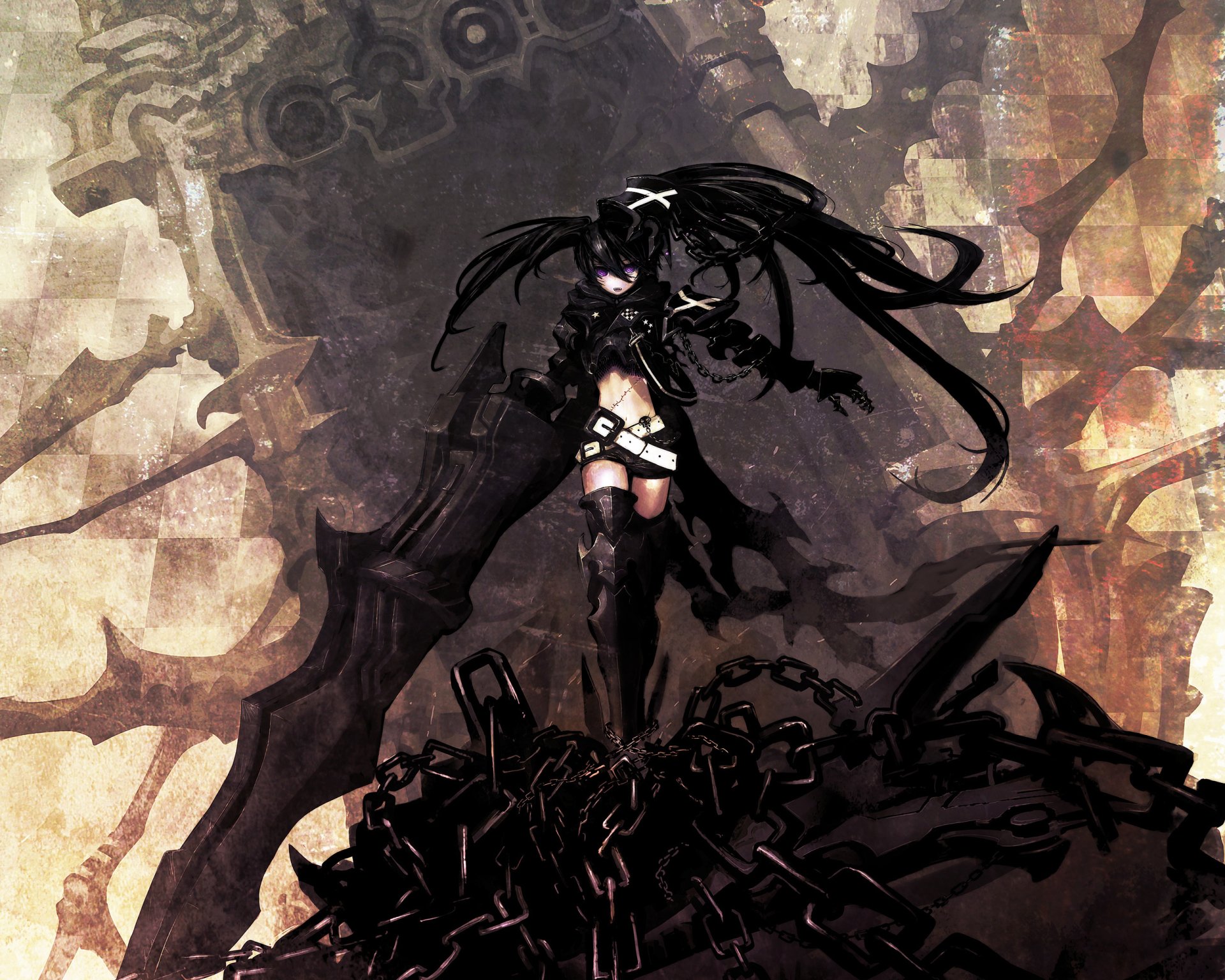 Anime depiction of Black Rock Shooter standing atop twisted chains and wreckage, long black twin-tails and blazing eye, wielding a massive cannon against a ruined, smoky backdrop.