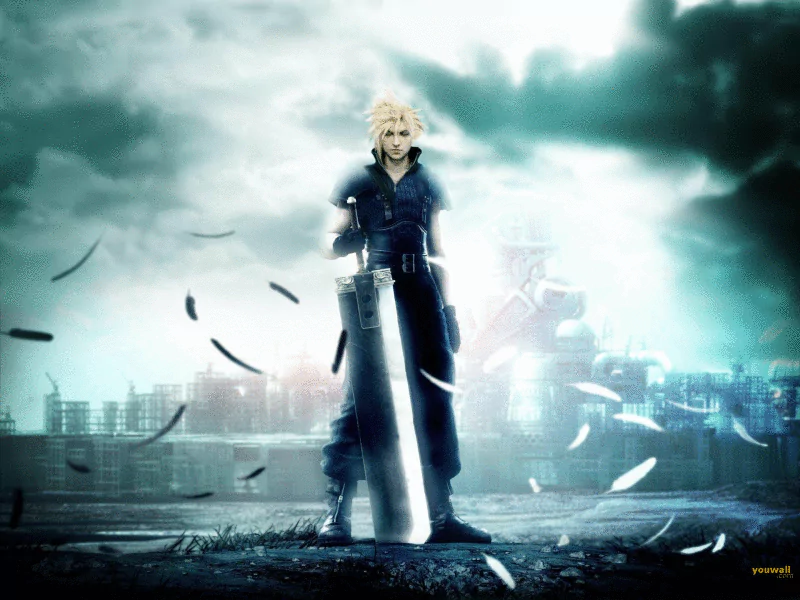 Cloud Strife from Final Fantasy stands on a rooftop holding his massive Buster Sword as wind and glowing particles swirl over a moody, stormy cityscape.