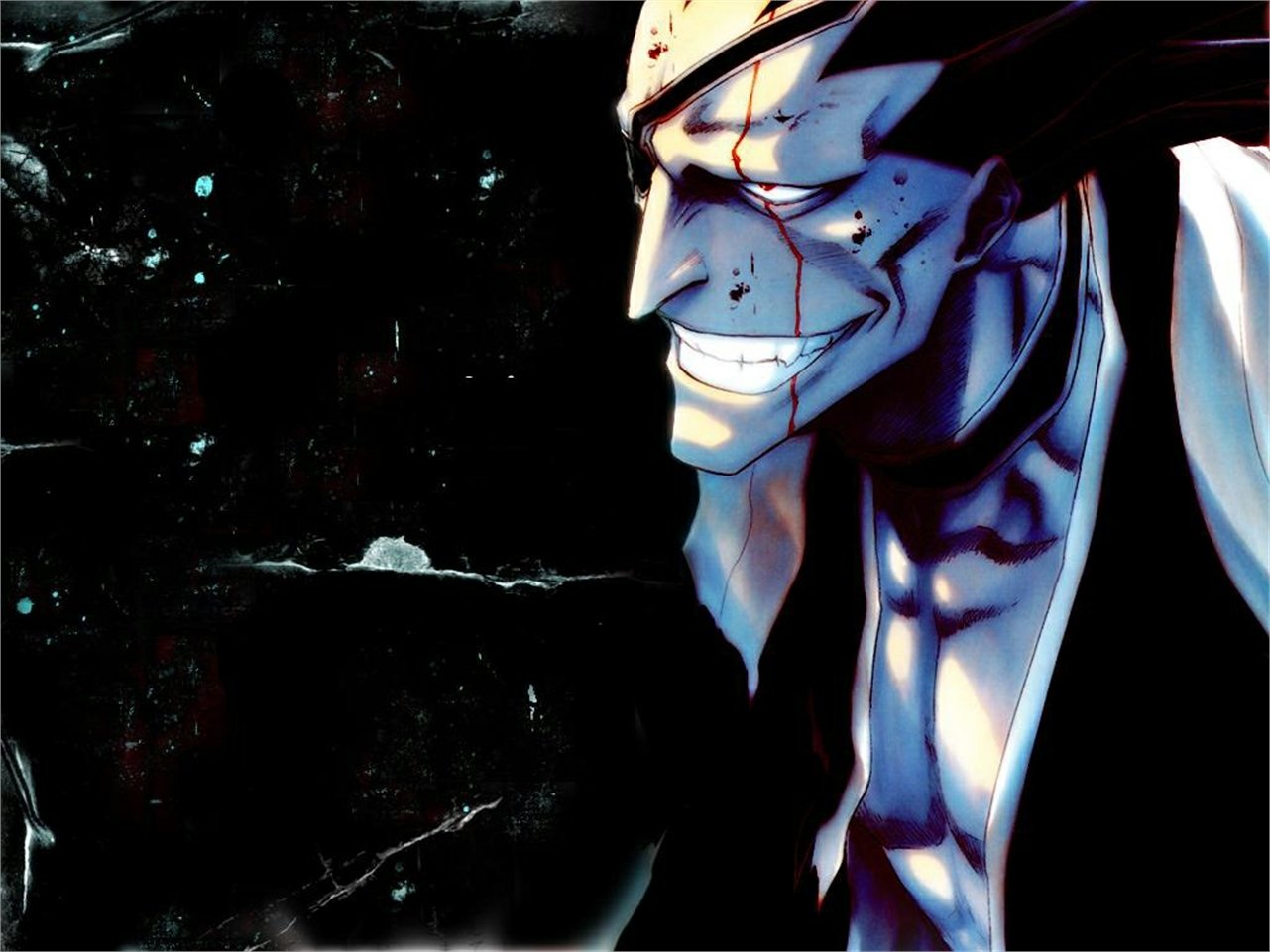 Anime, Bleach — grinning hollow-masked figure with a torn white mask, sharp teeth and muscular torso set against a dark, textured background.