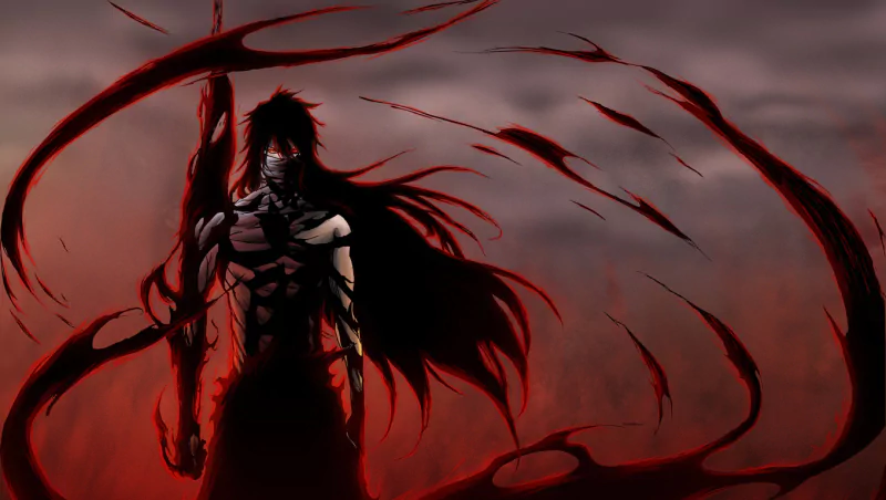Bleach anime: a shadowy, muscular figure with long hair and dark, blood-red tendrils swirling around him beneath a stormy sky.