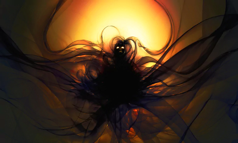 A dark fantasy figure with glowing eyes emerges from swirling shadows against a fiery, glowing background, evoking a haunting and mysterious atmosphere.