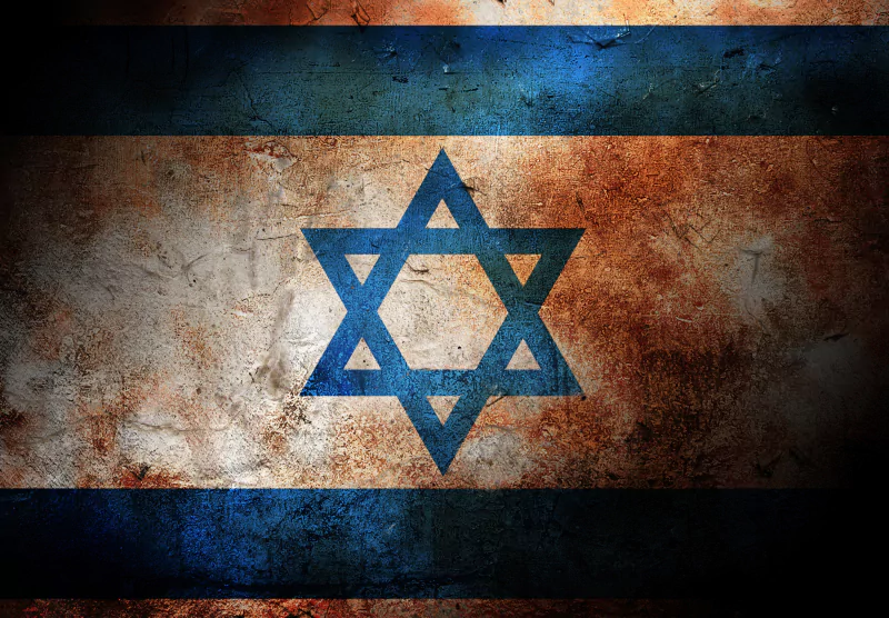 Grungy, weathered flag of Israel with prominent blue Star of David at the center against textured, rusty background.