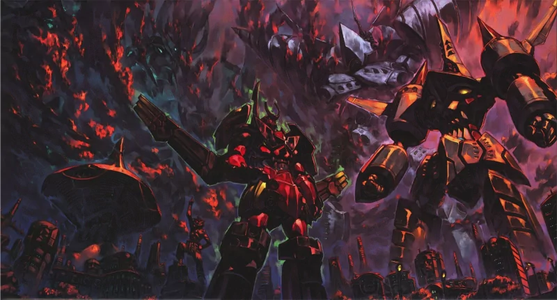 Tengen Toppa Gurren Lagann anime scene: towering armored mechas with glowing red cores loom over a burning, ruined city beneath a blood-red sky.