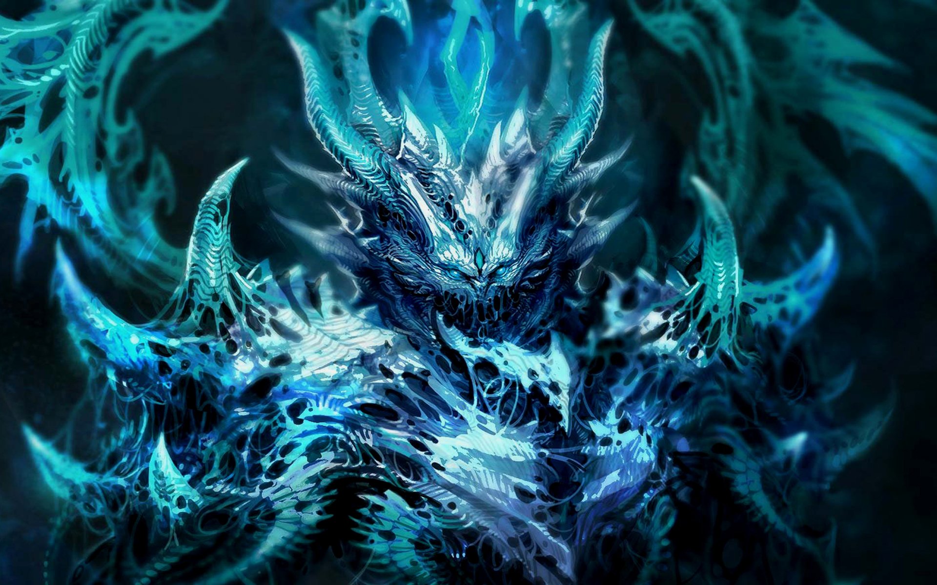 Ice-blue, horned fantasy creature with crystalline armor, glowing eyes and swirling aquatic tendrils, emanating a fierce, otherworldly presence.