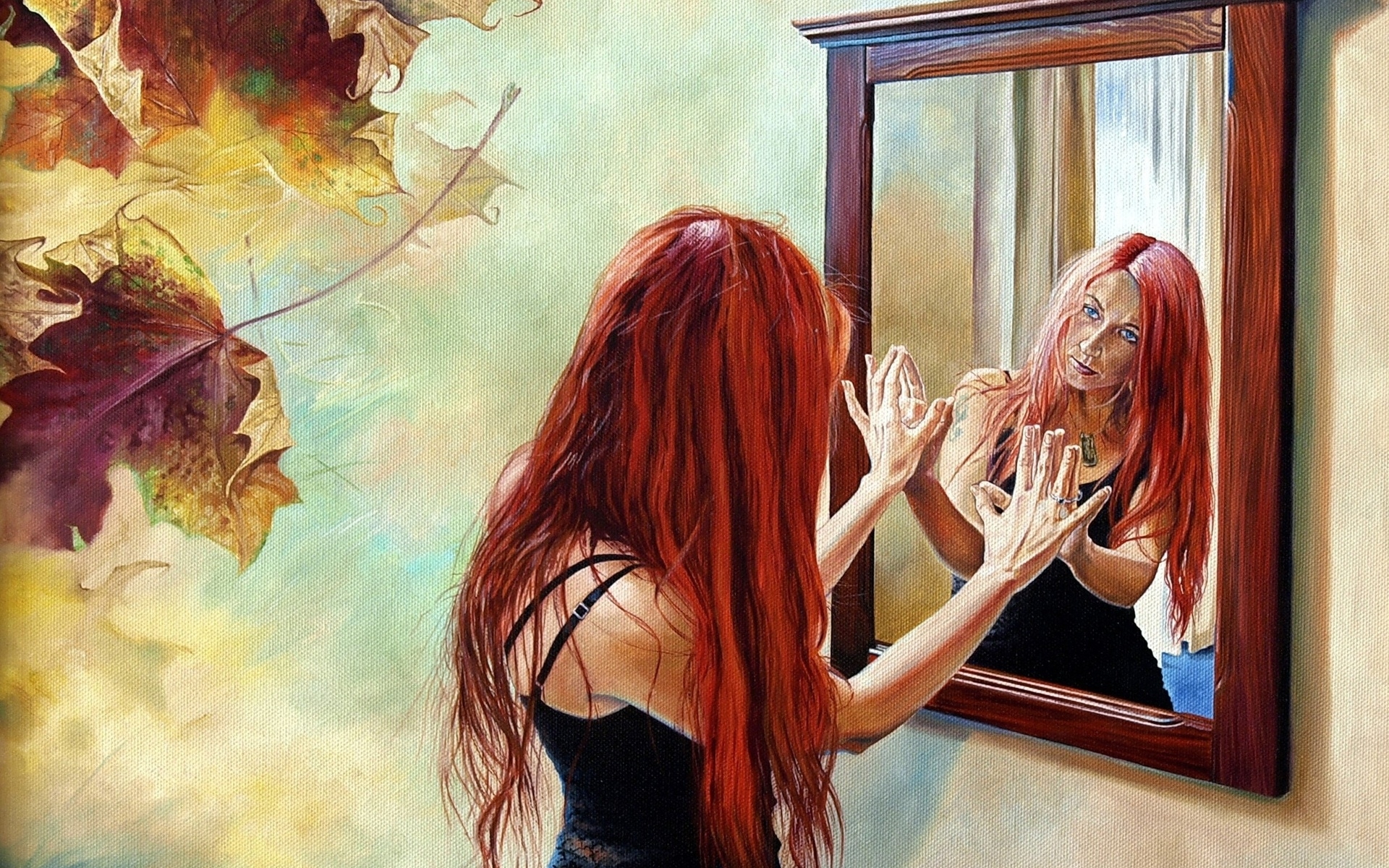 Новая жизнь зеркалу. Отражение в зеркале. Картина с рыжей девушкой. Отражение в зеркале живопись. Арты отражение в зеркале.