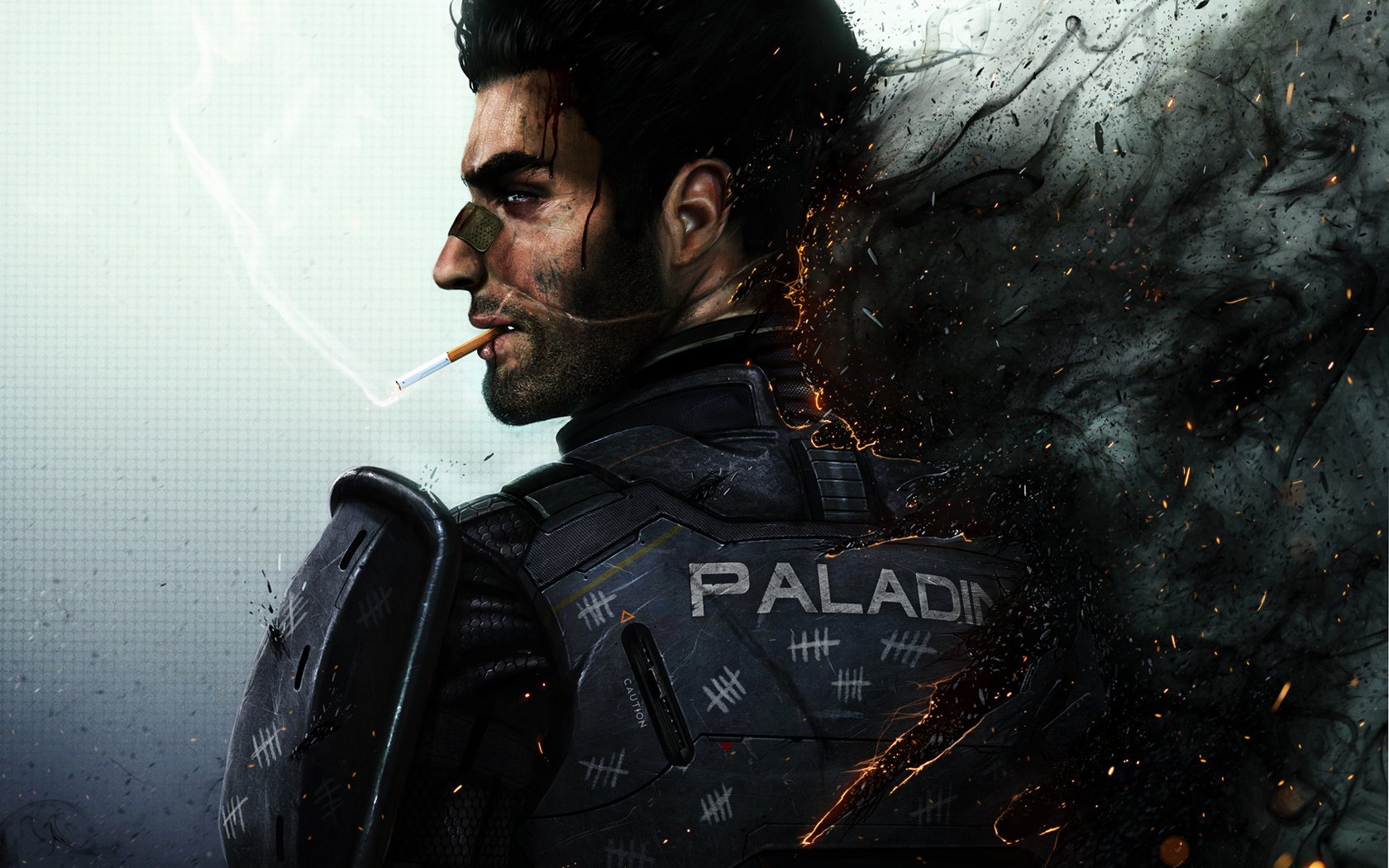A character in a dark, gritty setting, wearing a tactical suit marked PALADIN, smokes a cigarette while facing a swirling cloud of shadow and energy, encapsulating themes from the comic Last Man Standing.